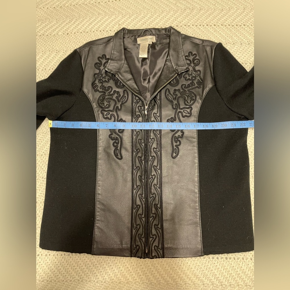 Coldwater Creek black leather and knit embroidered jacket